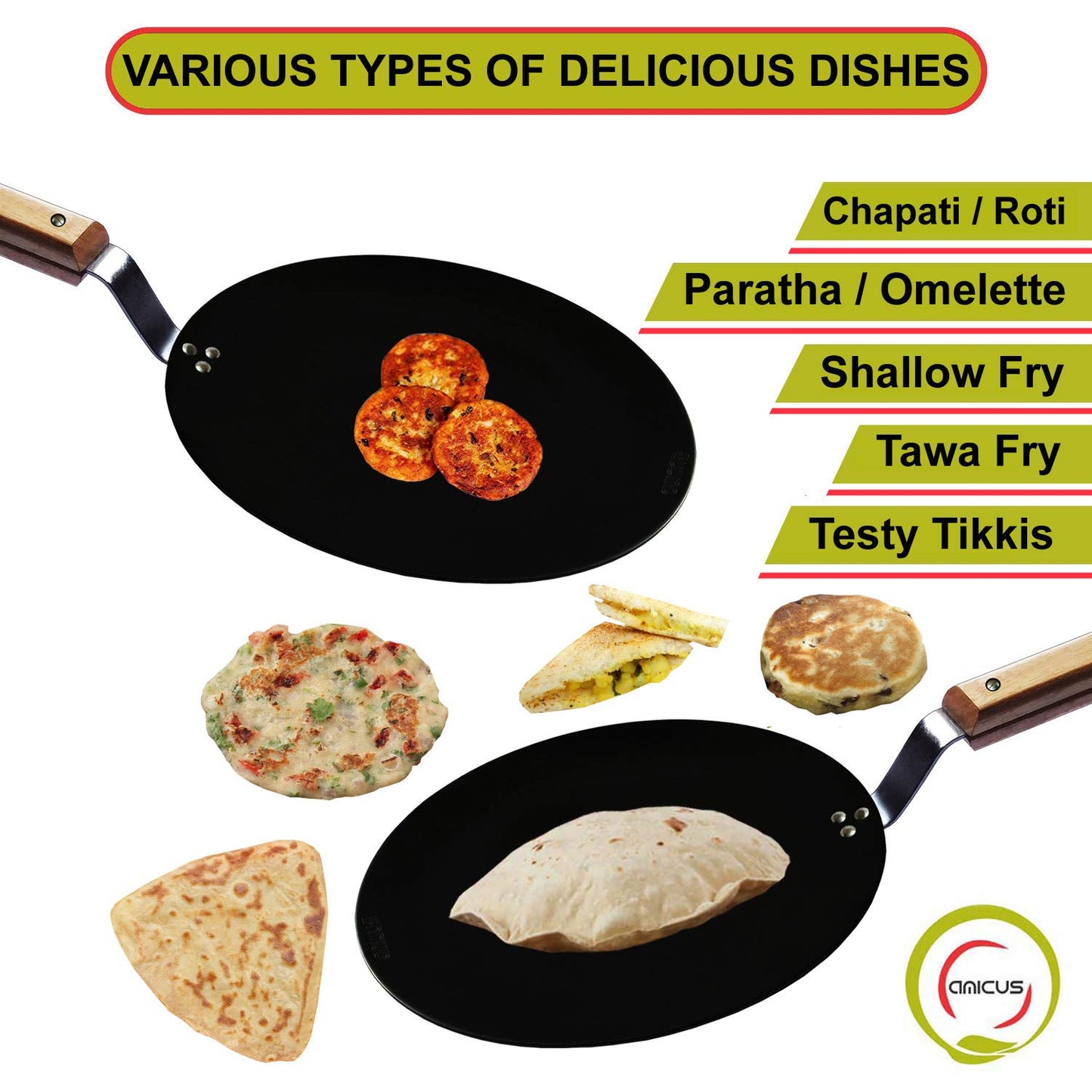 Iron Concave Tawa for Roti Chapati with Wooden Handle (All Sizes)