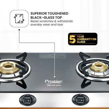 Prestige Marvel Plus Stainless Steel 2 Brass Burner Manual Glass Top Gas Stove, GTM 02 SS (Black)