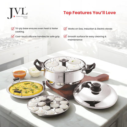 JVL 4-in-1 Classic Idly Pot with Tri-Ply Base, Idly & Mini Idly Maker, Steamer, Converts to Deep Kadai, Cool-Touch Handles, Stainless Steel, Induction Compatible (21 Idlies, 1 Mini Idly)