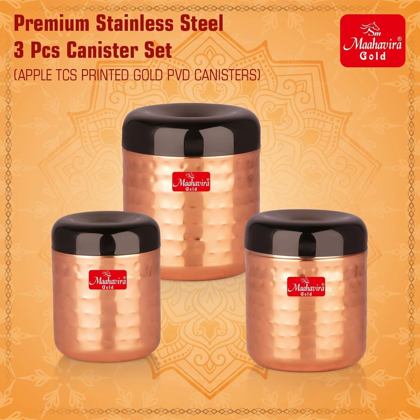 Apple Stainless Steel Hammered Texture Storage Containers with Air Tight Lid (Set of 3)