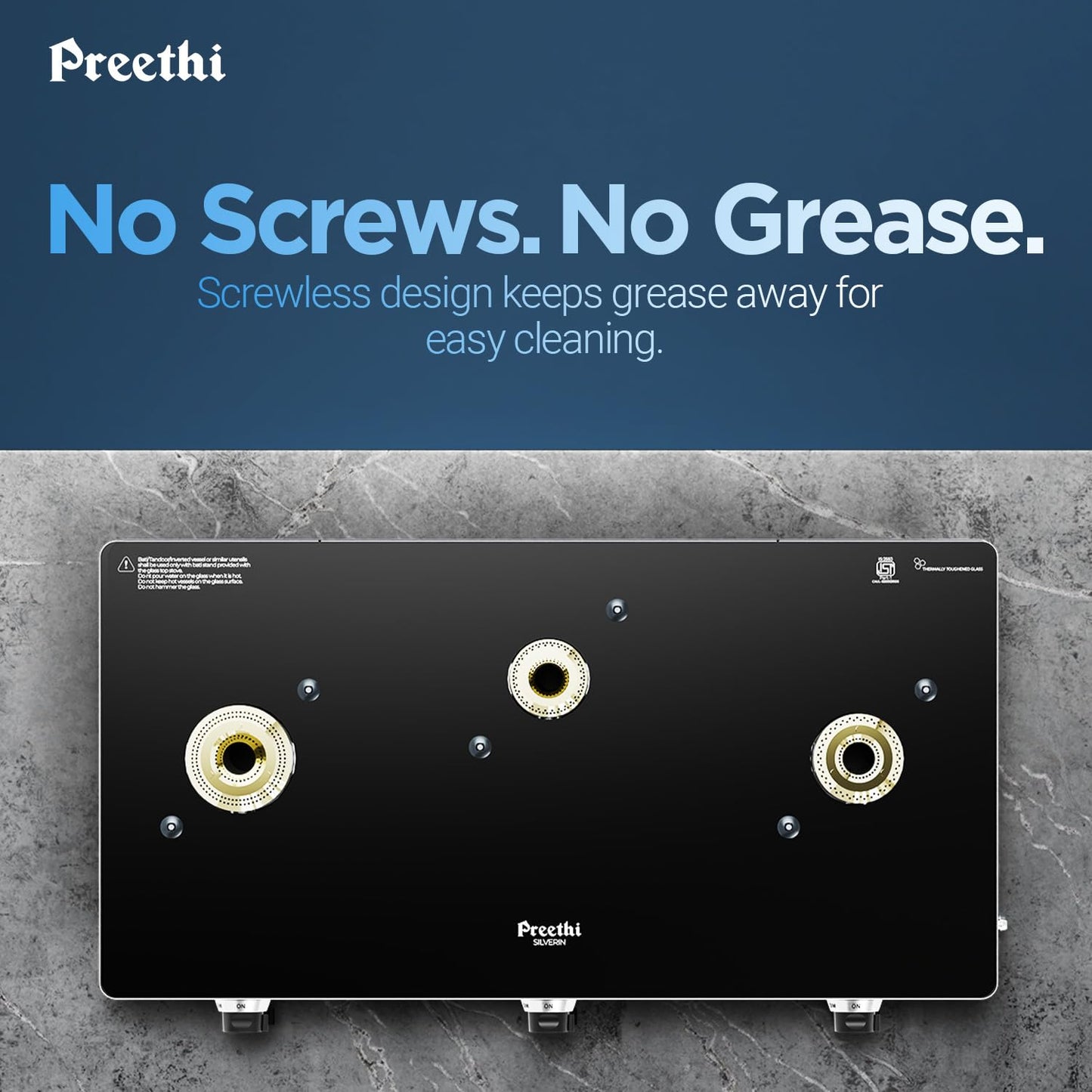 Preethi Silverin 3 Burner Glass Top Gas Stove | Easy-to-Clean with XL Spill Tray | Sparkling Clean in 2 Minutes | 5-Year Glass & Burner Warranty | Lifetime Valve Warranty | ISI Certified