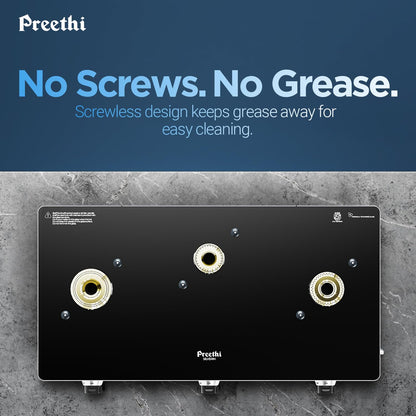 Preethi Silverin 3 Burner Glass Top Gas Stove | Easy-to-Clean with XL Spill Tray | Sparkling Clean in 2 Minutes | 5-Year Glass & Burner Warranty | Lifetime Valve Warranty | ISI Certified
