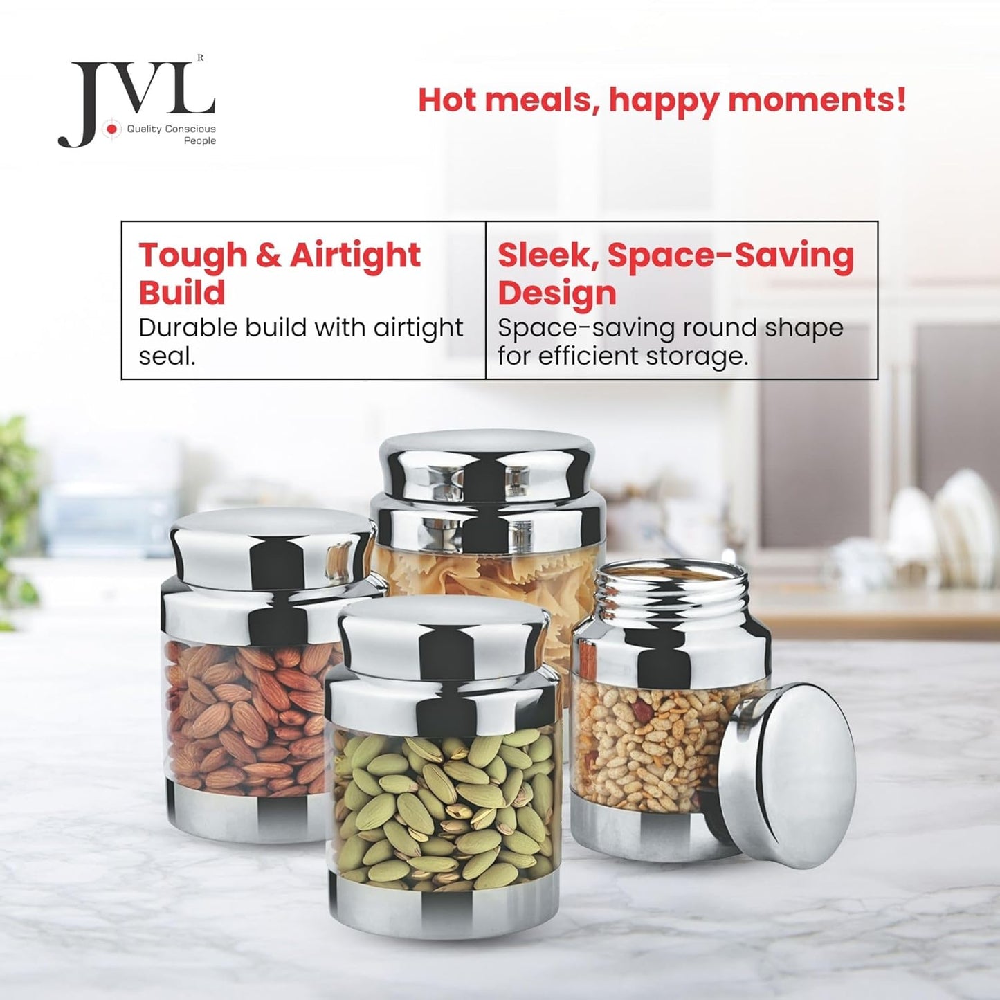JVL Stainless Steel Classic Canister Set of 4, Airtight