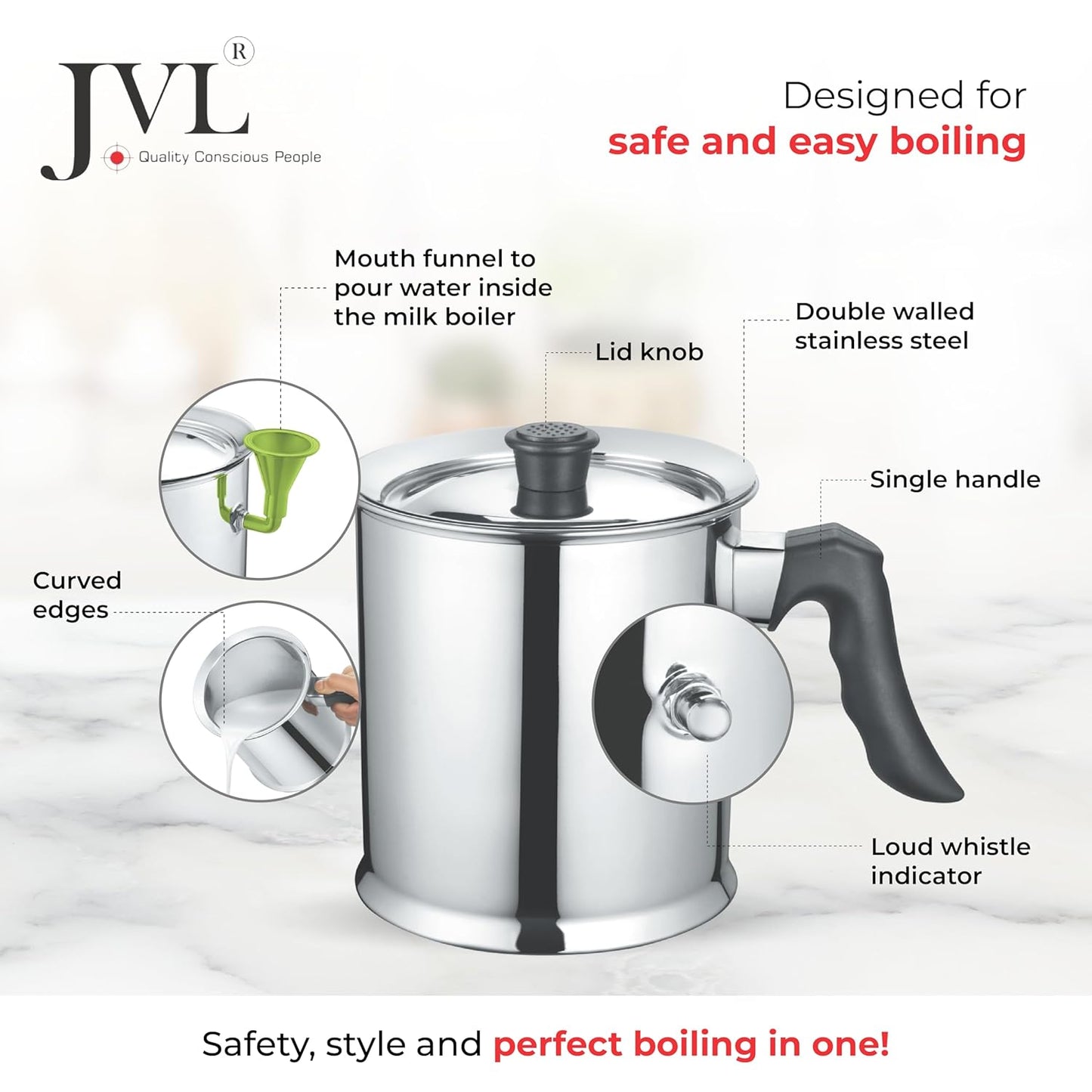 JVL Stainless Steel Double Wall Milk Boiler Storage with Single Bakelite Handle (1.5 Litre)