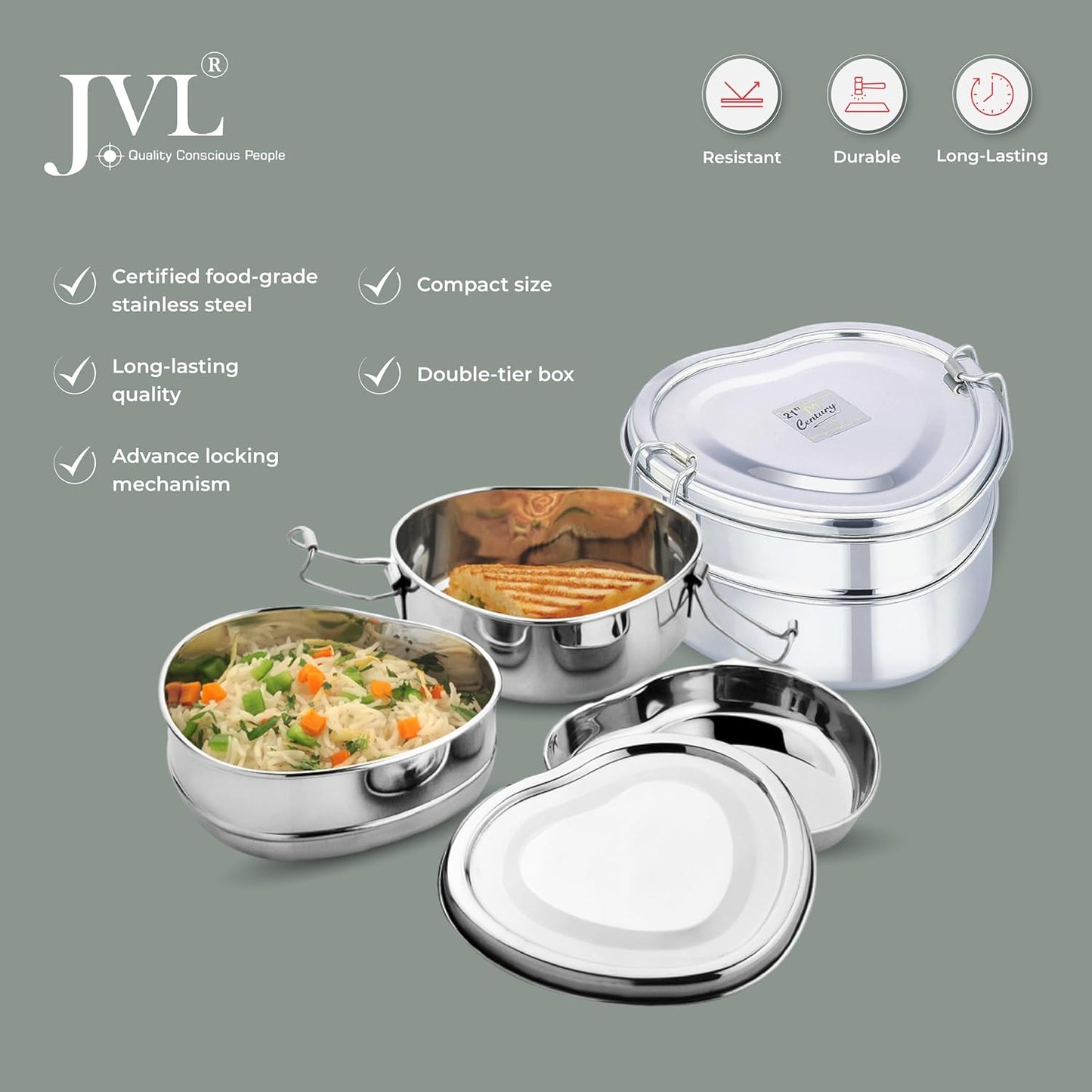 JVL Stainless Steel Lunch Box for Kids, Two Tier Tiffin Box with Inner Plate Ideal for School, Office & Travel - Heart Shape