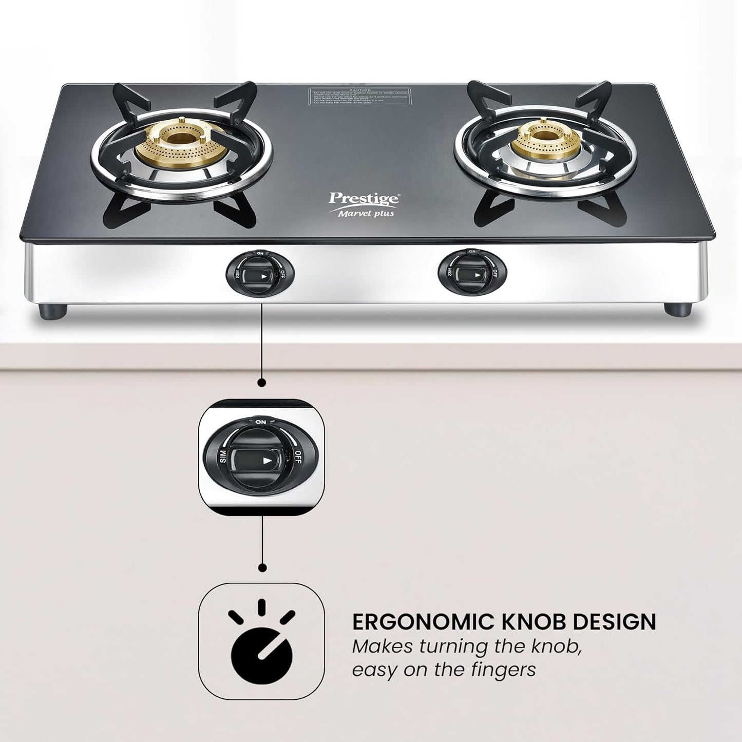 Prestige Marvel Plus Stainless Steel 2 Brass Burner Manual Glass Top Gas Stove, GTM 02 SS (Black)