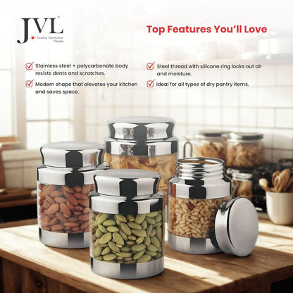 JVL Stainless Steel Classic Canister Set of 4, Airtight