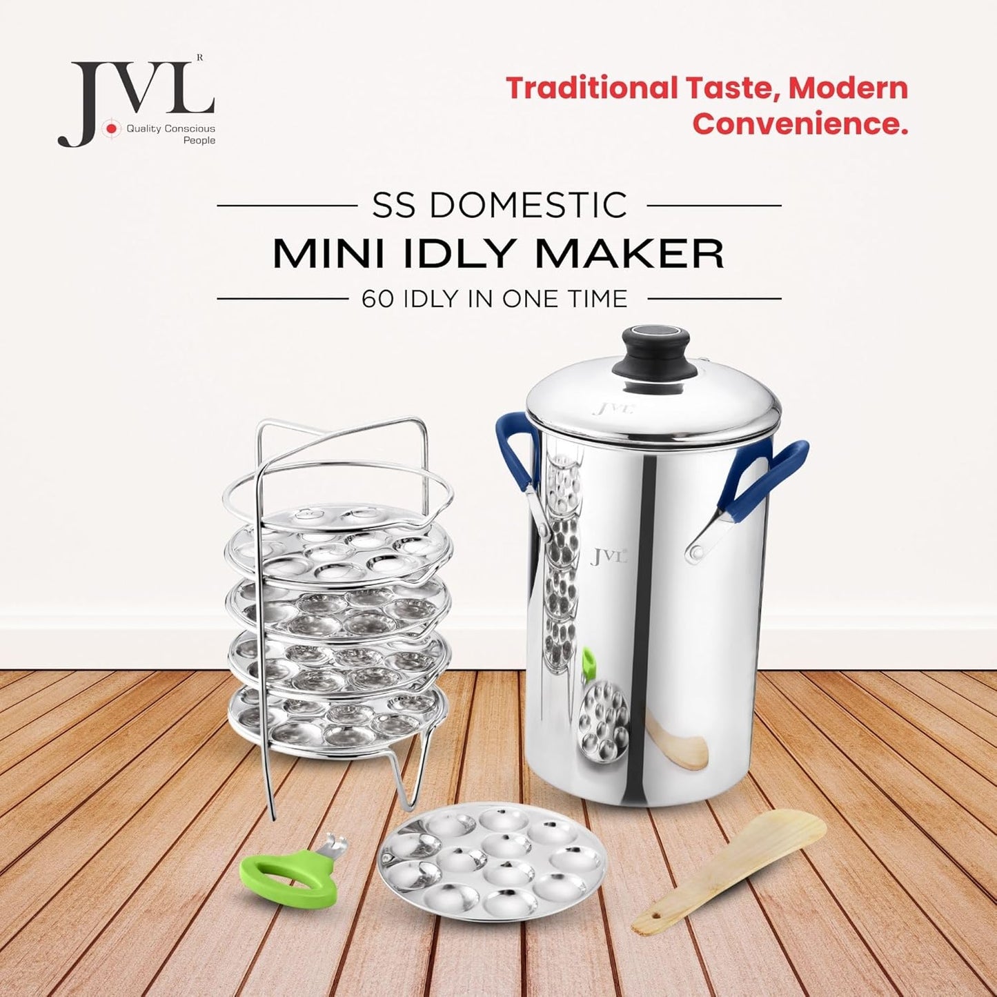 JVL Stainless Steel Triply Base Thatte Idly Maker (5 Mini Idly plates) 1 Steamer Vessel, 5 Mini Idly Plates, 1 Stand, 1 Lifter and 1 Spatula