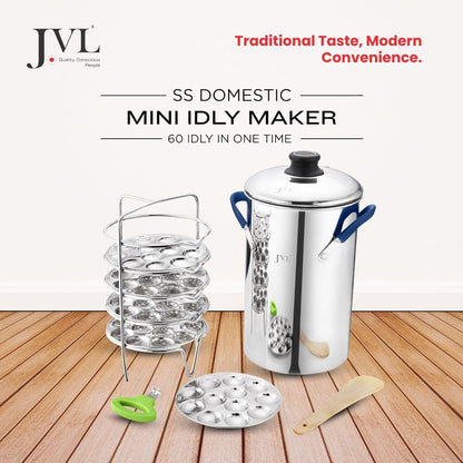 JVL Stainless Steel Triply Base Thatte Idly Maker (5 Mini Idly plates) 1 Steamer Vessel, 5 Mini Idly Plates, 1 Stand, 1 Lifter and 1 Spatula