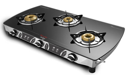 Preethi Blu Flame Blaze Glass top 3 Burner Gas Stove, Manual Ignition, Black (ISI Certified)