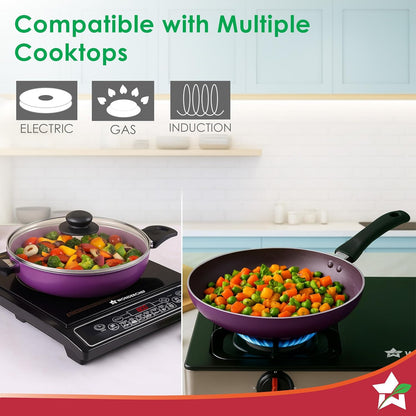 Wonderchef Valencia Non-Stick Cookware 4 Piece Set | Kadhai with Lid 24 cm, Fry Pan 24 cm, Dosa Tawa 28 cm