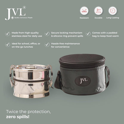 JVL Leak-Proof Stainless Steel Double Decker Lunch Box 600ml with Bag 2-Compartment Tiffin for Office & Kids Use Durable, Compact & Easy to Carry
