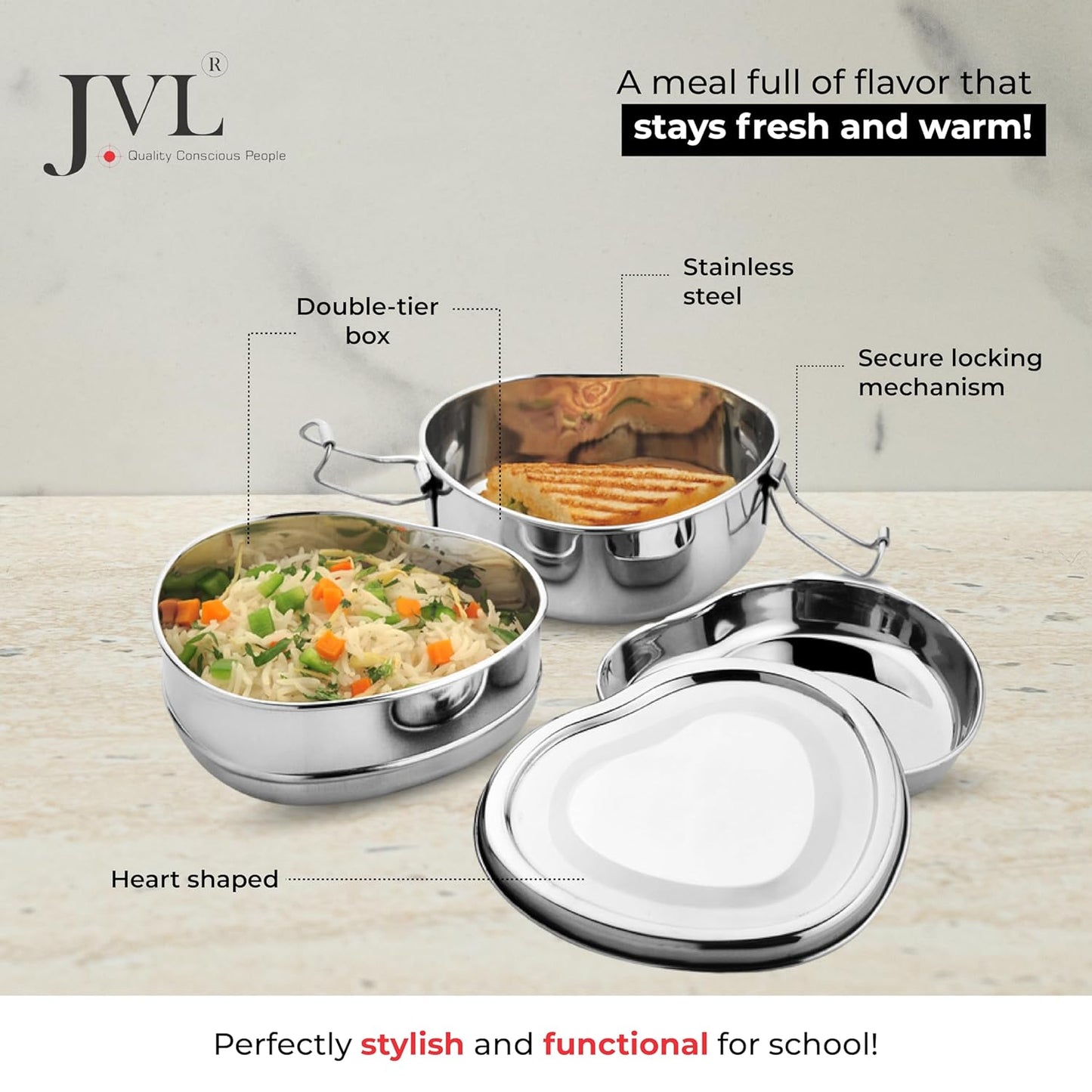 JVL Stainless Steel Lunch Box for Kids, Two Tier Tiffin Box with Inner Plate Ideal for School, Office & Travel - Heart Shape