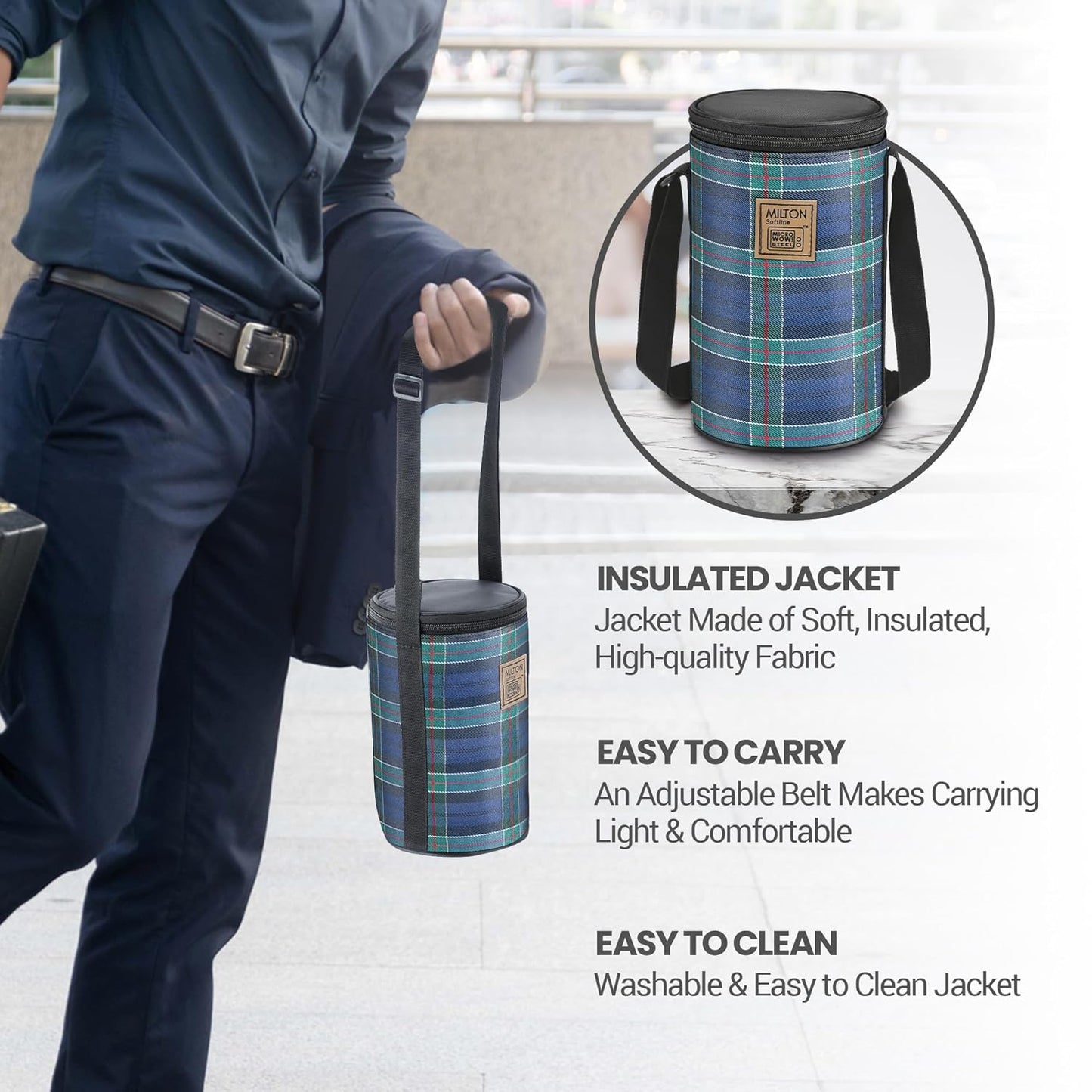 MILTON Lofty Lunch Box with Insulated Fabric Jacket, 3 PU Insulated Inner Stainless Steel Containers (1 x 320ml, 2 X 450ml Each), Microwave Safe & Leakproof Tiffin for Office, College, Navy Blue