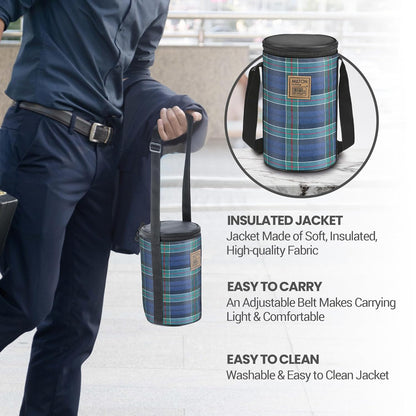 MILTON Lofty Lunch Box with Insulated Fabric Jacket, 3 PU Insulated Inner Stainless Steel Containers (1 x 320ml, 2 X 450ml Each), Microwave Safe & Leakproof Tiffin for Office, College, Navy Blue