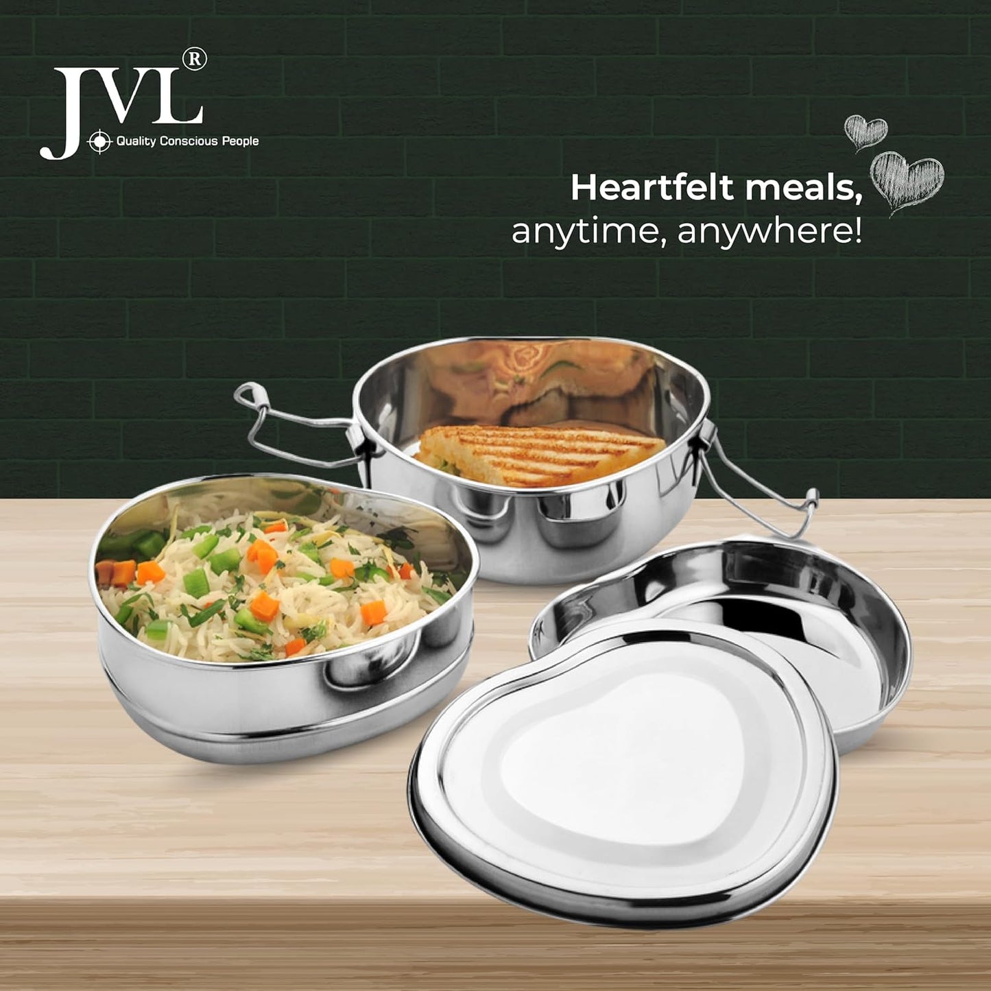 JVL Stainless Steel Lunch Box for Kids, Two Tier Tiffin Box with Inner Plate Ideal for School, Office & Travel - Heart Shape