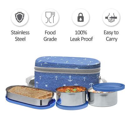 MILTON Corporate Lunch Box Stainless Steel Tiffin (2 Round Container 280 ml Each and 1 Pc Oval Container 500 ml) with Bag, Leak Proof & Airtight Containers with Spoons, Blue