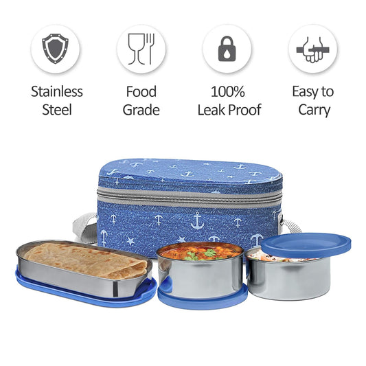 MILTON Corporate Lunch Box Stainless Steel Tiffin (2 Round Container 280 ml Each and 1 Pc Oval Container 500 ml) with Bag, Leak Proof & Airtight Containers with Spoons, Blue