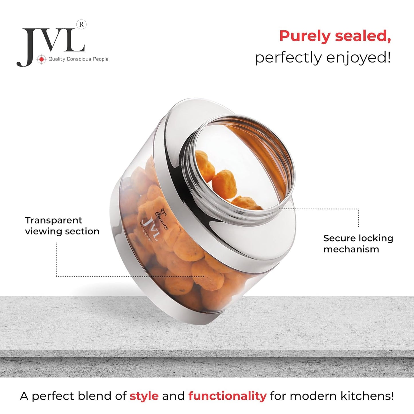 JVL Classiware Oval Canister See-Through Airtight Storage Container with Stainless Steel Lid Mirror Finish Ideal for Grains, Pulses, Tea, Coffee, Snacks & More - 1PC (650 ml)