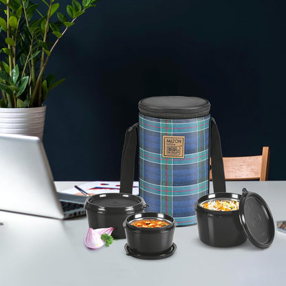 MILTON Lofty Lunch Box with Insulated Fabric Jacket, 3 PU Insulated Inner Stainless Steel Containers (1 x 320ml, 2 X 450ml Each), Microwave Safe & Leakproof Tiffin for Office, College, Navy Blue