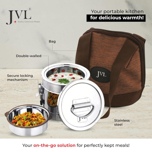 JVL Classicware Premium Stainless Steel Hot Lunch Jar with Lid & Double-Wall Insulation Leak-Proof Steel Divider, Spoon & Carry Bag Mirror-Matt Finish Ideal for Office, School & Travel (800 ML)