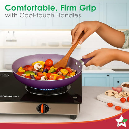Wonderchef Valencia Non-Stick Cookware 4 Piece Set | Kadhai with Lid 24 cm, Fry Pan 24 cm, Dosa Tawa 28 cm