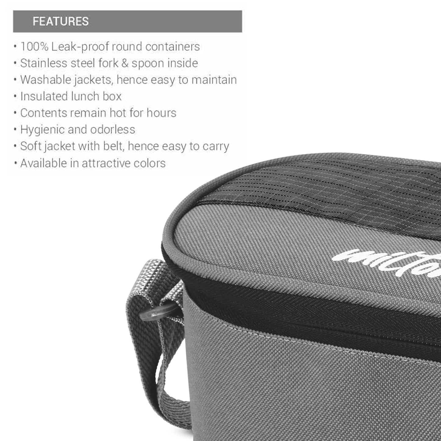 MILTON Master Lunch Box with Insulated Fabric Jacket, 3 Containers (1 Oval Stainless Steel 450 ml, 2 Stainless Steel 280 ml Each Spoon & Fork), Leak-Proof Tiffin for Office, School, College, Black