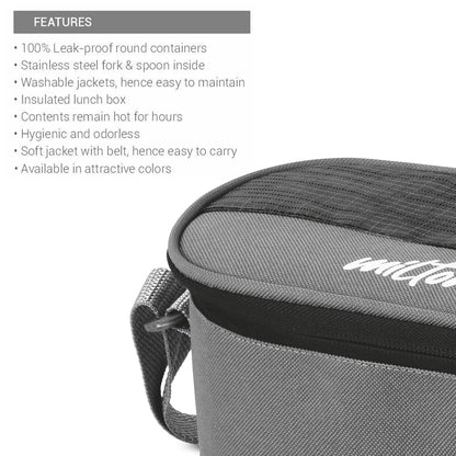 MILTON Master Lunch Box with Insulated Fabric Jacket, 3 Containers (1 Oval Stainless Steel 450 ml, 2 Stainless Steel 280 ml Each Spoon & Fork), Leak-Proof Tiffin for Office, School, College, Black