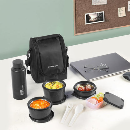 Cello All In One Lunch Box with Fabric Bag, Black