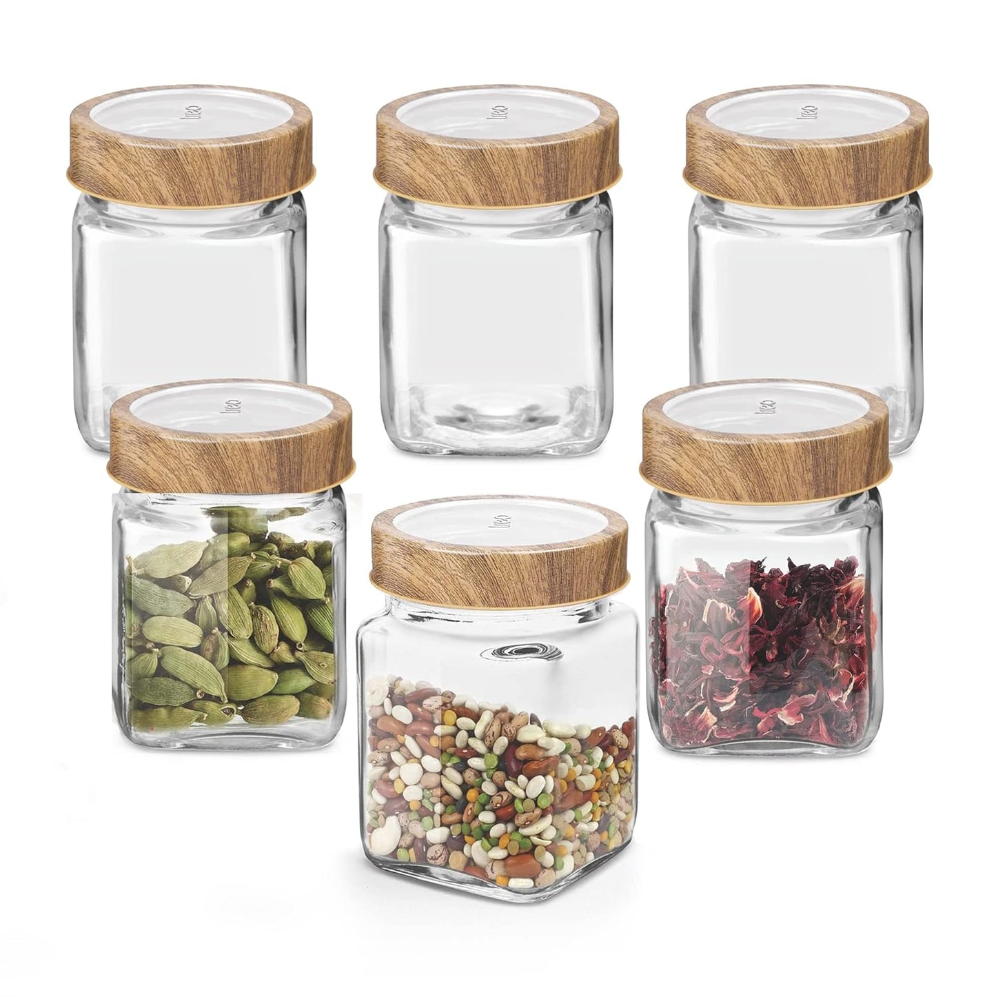 Treo By Milton Woody Cube Storage Glass Jar, Set of 6, 180 ml Each, Transparent