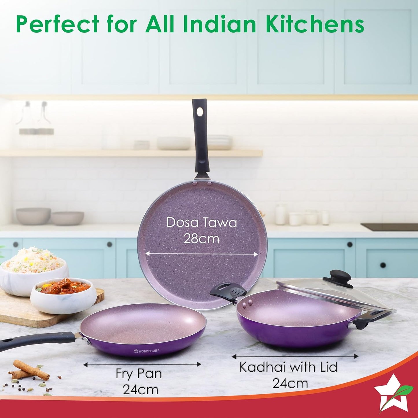 Wonderchef Valencia Non-Stick Cookware 4 Piece Set | Kadhai with Lid 24 cm, Fry Pan 24 cm, Dosa Tawa 28 cm