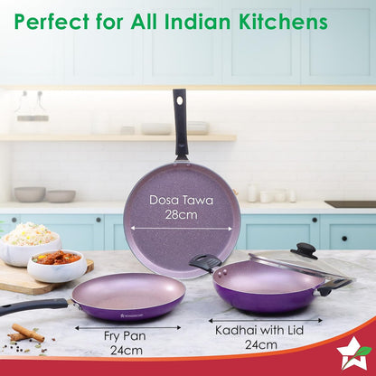 Wonderchef Valencia Non-Stick Cookware 4 Piece Set | Kadhai with Lid 24 cm, Fry Pan 24 cm, Dosa Tawa 28 cm