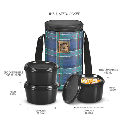 MILTON Lofty Lunch Box with Insulated Fabric Jacket, 3 PU Insulated Inner Stainless Steel Containers (1 x 320ml, 2 X 450ml Each), Microwave Safe & Leakproof Tiffin for Office, College, Navy Blue