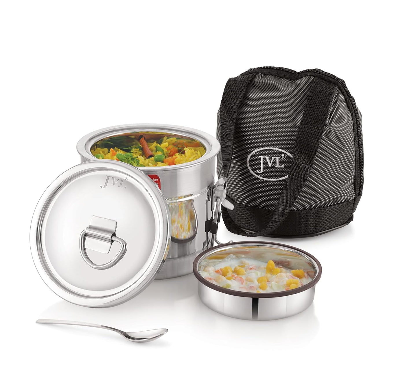 JVL Classicware Premium Stainless Steel Hot Lunch Jar with Lid & Double-Wall Insulation Leak-Proof Steel Divider, Spoon & Carry Bag Mirror-Matt Finish Ideal for Office, School & Travel (800 ML)