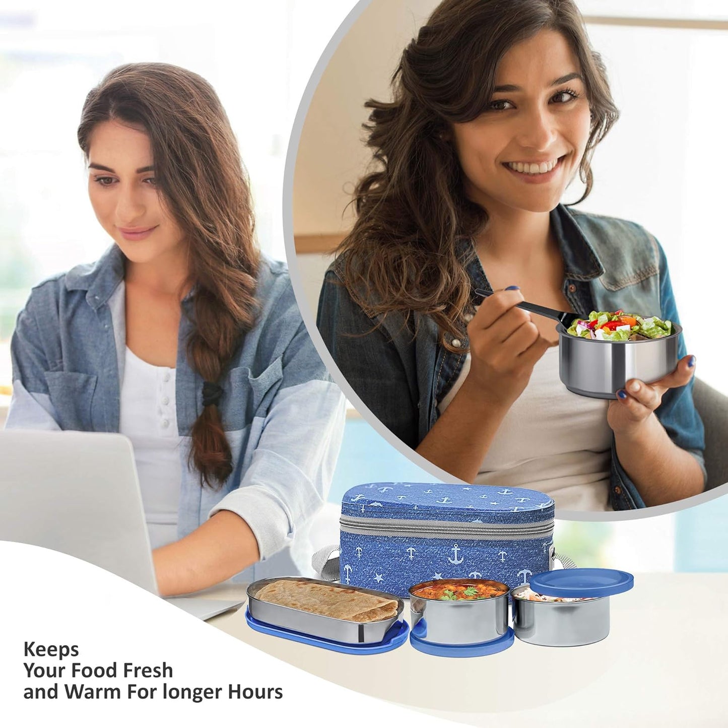 MILTON Corporate Lunch Box Stainless Steel Tiffin (2 Round Container 280 ml Each and 1 Pc Oval Container 500 ml) with Bag, Leak Proof & Airtight Containers with Spoons, Blue