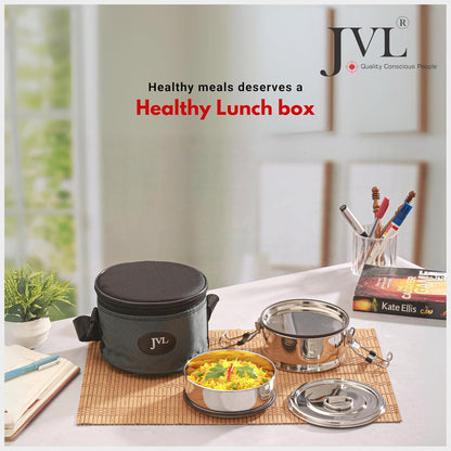 JVL Leak-Proof Stainless Steel Double Decker Lunch Box 600ml with Bag 2-Compartment Tiffin for Office & Kids Use Durable, Compact & Easy to Carry
