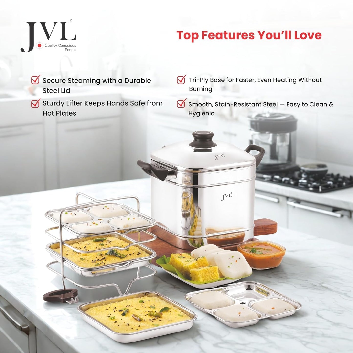 JVL Triply Base Square Shape Idly and Dhokla Maker (4 Idly & Steamer Plates)