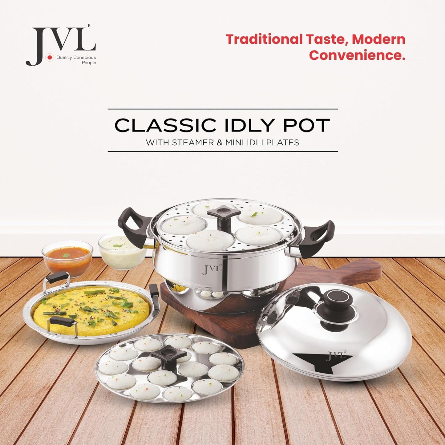 JVL 4-in-1 Classic Idly Pot with Tri-Ply Base, Idly & Mini Idly Maker, Steamer, Converts to Deep Kadai, Cool-Touch Handles, Stainless Steel, Induction Compatible (21 Idlies, 1 Mini Idly)