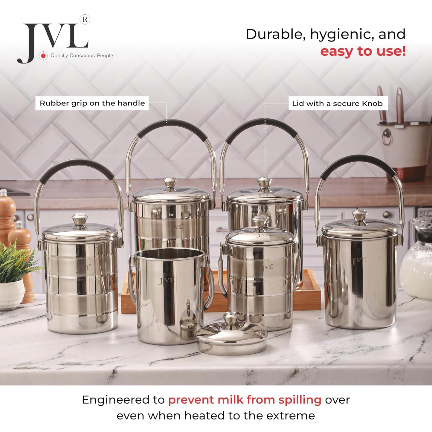 JVL Classiware Stainless Steel Milk Pot with Lid & Handle, Multi-Purpose Storage Container for Oil & Dry Storage, Durable & Hygienic Kitchen Vessel - Matt Finish (3.75 Liters)