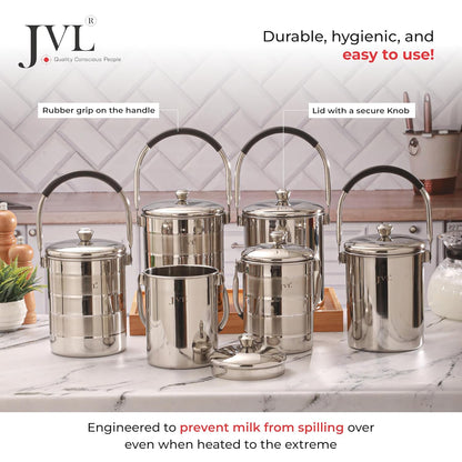 JVL Classiware Stainless Steel Milk Pot with Lid & Handle, Multi-Purpose Storage Container for Oil & Dry Storage, Durable & Hygienic Kitchen Vessel - Matt Finish (3.75 Liters)