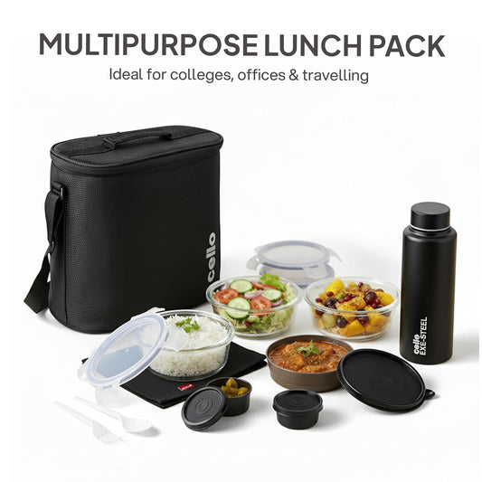 Cello MF Glassy Pro 7 Pcs Glass Lunch Box with Bag, Black