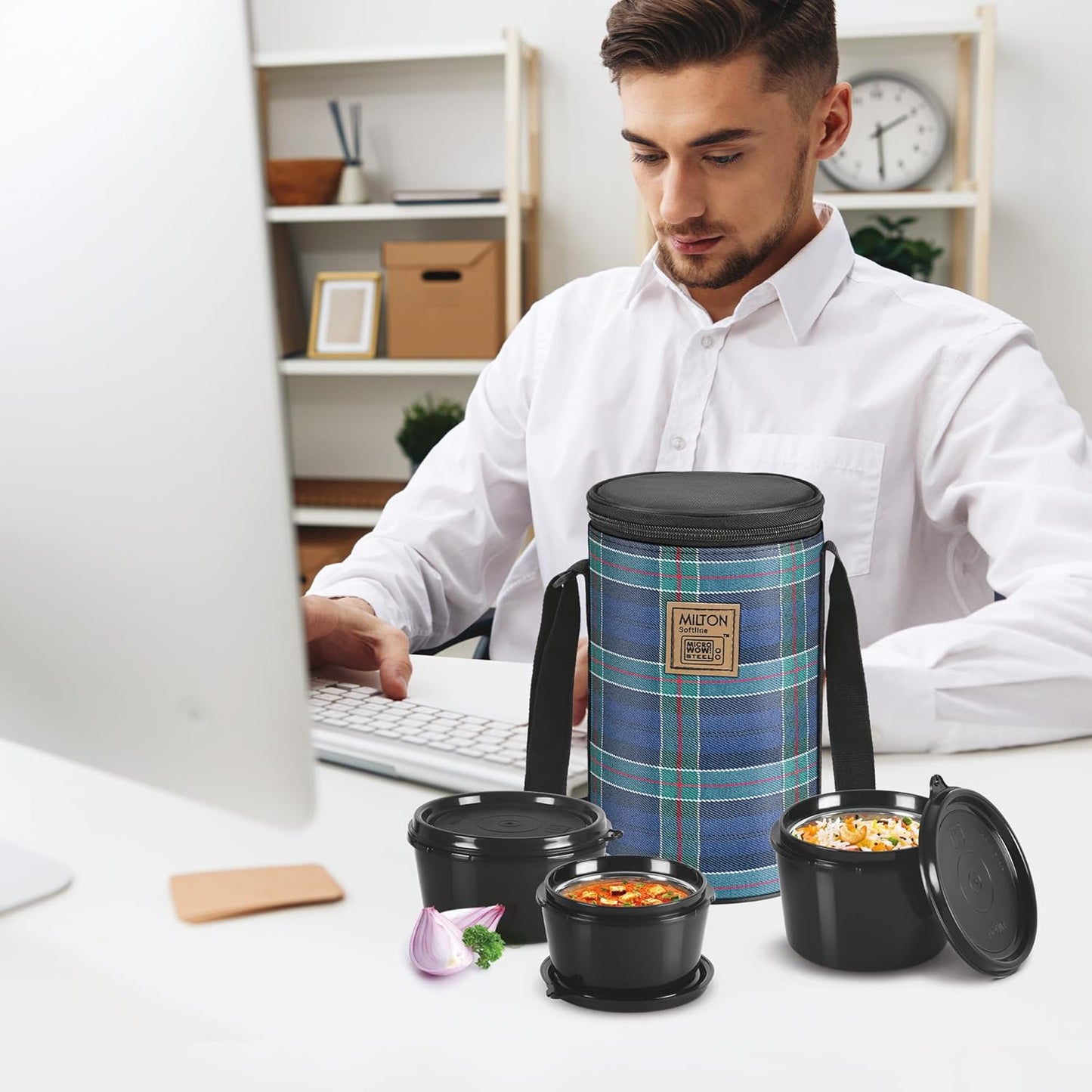 MILTON Lofty Lunch Box with Insulated Fabric Jacket, 3 PU Insulated Inner Stainless Steel Containers (1 x 320ml, 2 X 450ml Each), Microwave Safe & Leakproof Tiffin for Office, College, Navy Blue