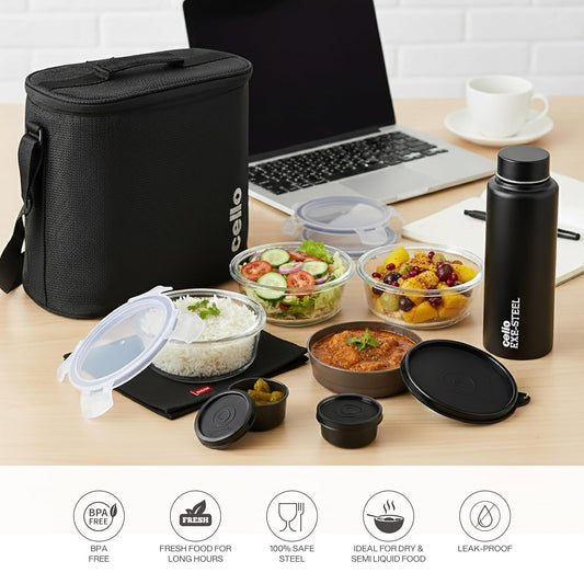 Cello MF Glassy Pro 7 Pcs Glass Lunch Box with Bag, Black