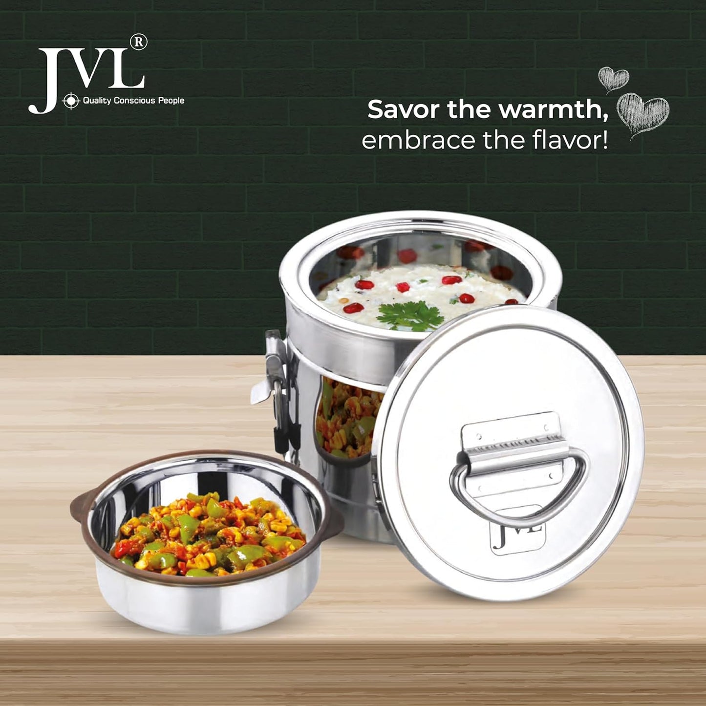 JVL Classicware Premium Stainless Steel Hot Lunch Jar with Lid & Double-Wall Insulation Leak-Proof Steel Divider, Spoon & Carry Bag Mirror-Matt Finish Ideal for Office, School & Travel (800 ML)