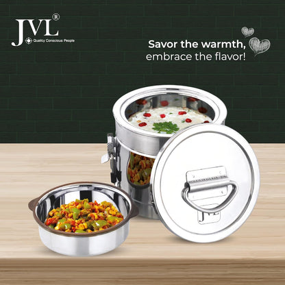 JVL Classicware Premium Stainless Steel Hot Lunch Jar with Lid & Double-Wall Insulation Leak-Proof Steel Divider, Spoon & Carry Bag Mirror-Matt Finish Ideal for Office, School & Travel (800 ML)