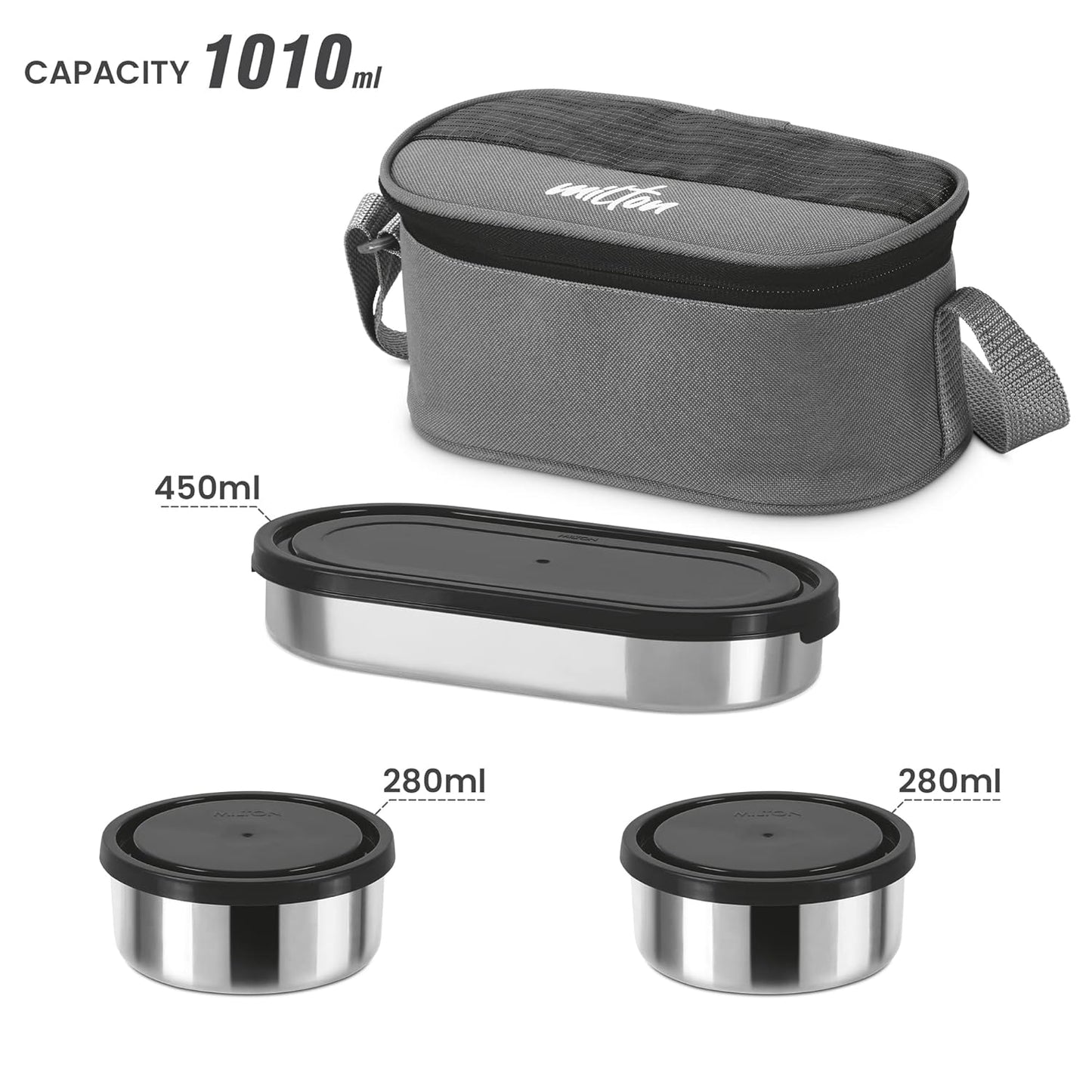 MILTON Master Lunch Box with Insulated Fabric Jacket, 3 Containers (1 Oval Stainless Steel 450 ml, 2 Stainless Steel 280 ml Each Spoon & Fork), Leak-Proof Tiffin for Office, School, College, Black