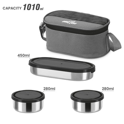 MILTON Master Lunch Box with Insulated Fabric Jacket, 3 Containers (1 Oval Stainless Steel 450 ml, 2 Stainless Steel 280 ml Each Spoon & Fork), Leak-Proof Tiffin for Office, School, College, Black