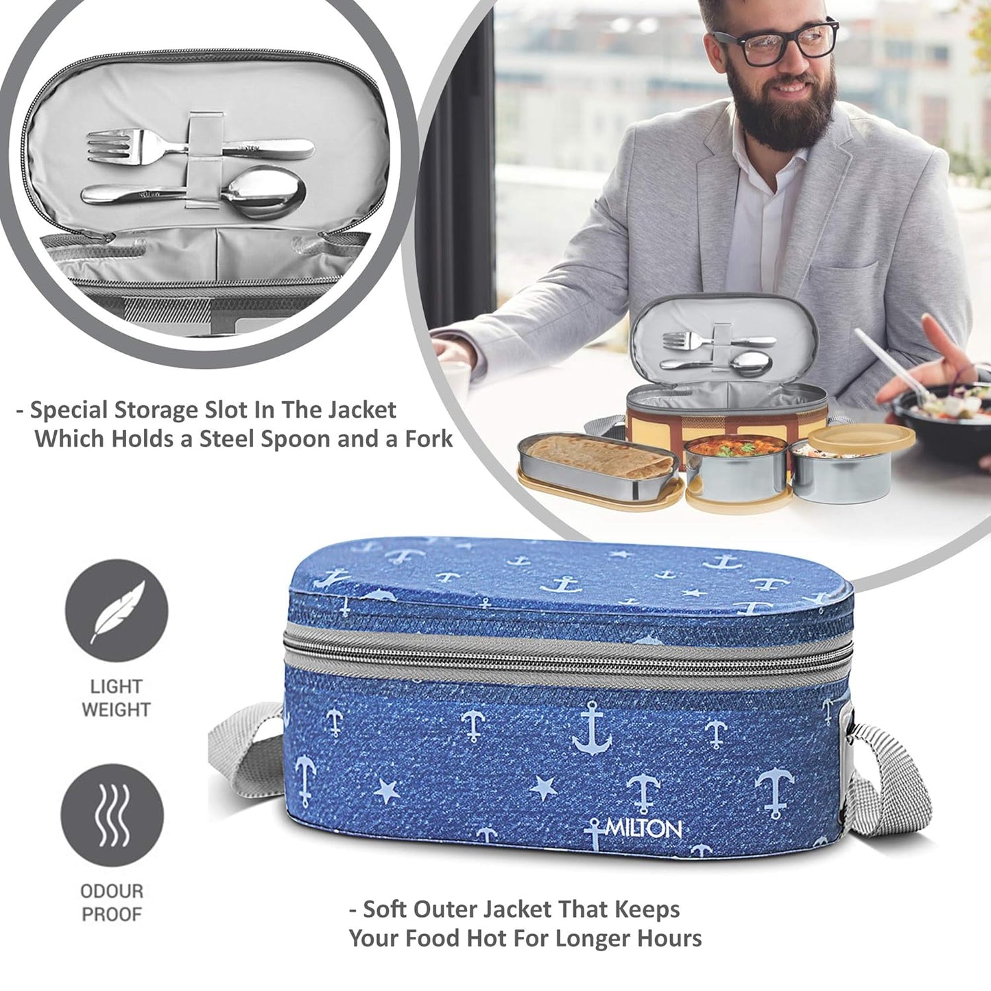 MILTON Corporate Lunch Box Stainless Steel Tiffin (2 Round Container 280 ml Each and 1 Pc Oval Container 500 ml) with Bag, Leak Proof & Airtight Containers with Spoons, Blue