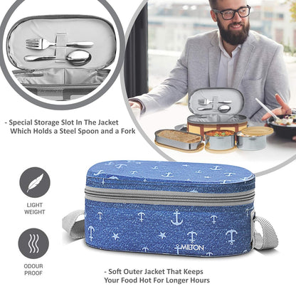 MILTON Corporate Lunch Box Stainless Steel Tiffin (2 Round Container 280 ml Each and 1 Pc Oval Container 500 ml) with Bag, Leak Proof & Airtight Containers with Spoons, Blue