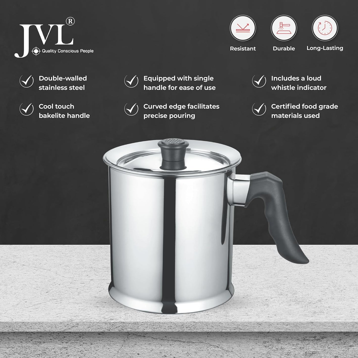 JVL Stainless Steel Double Wall Milk Boiler Storage with Single Bakelite Handle (1.5 Litre)